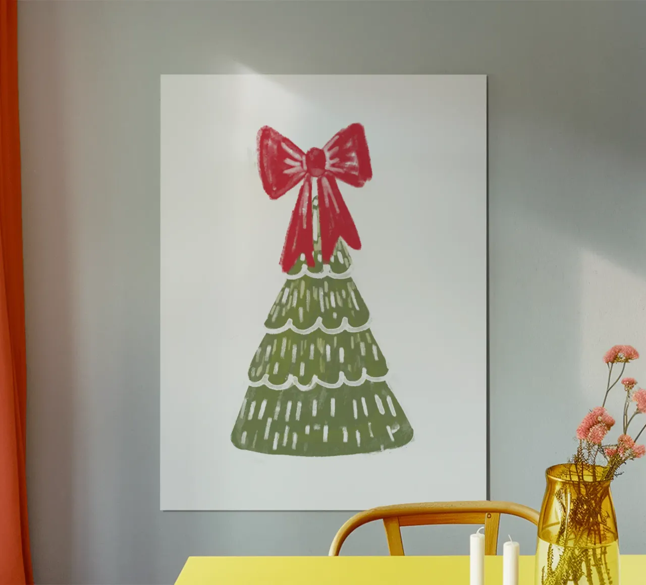 Christmas Pine Tree with red bow carta hahnemühle da anisillustration
