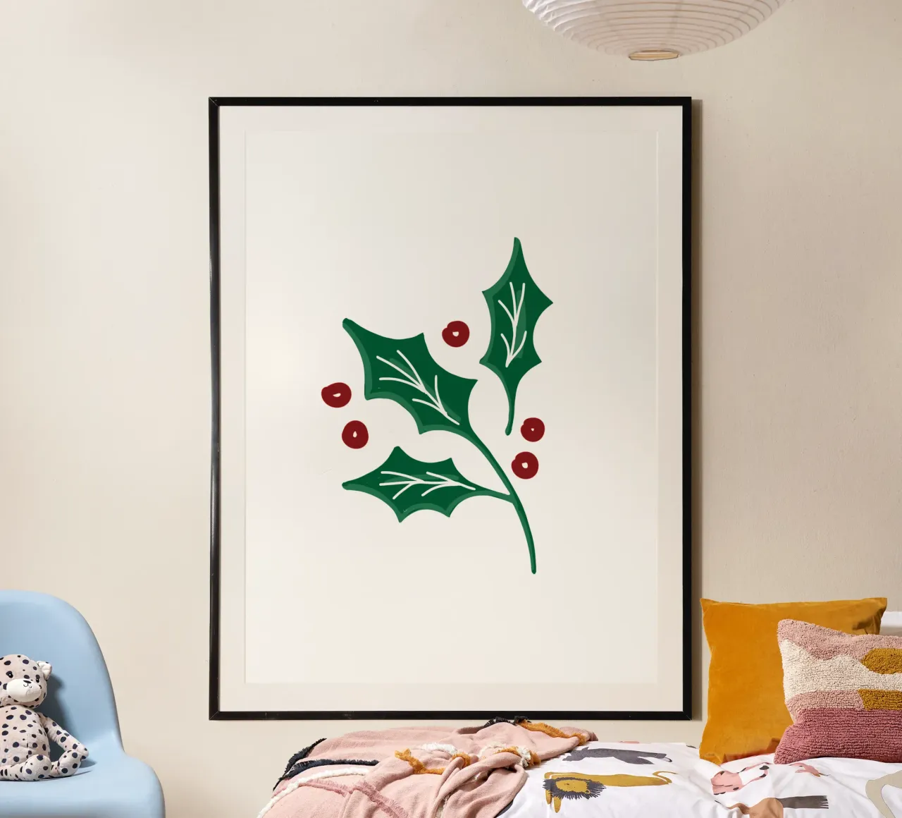 Holly Christmas Branch poster con telaio in legno da anisillustration