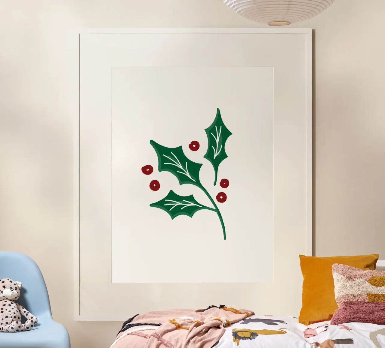 Holly Christmas Branch poster con telaio in legno da anisillustration