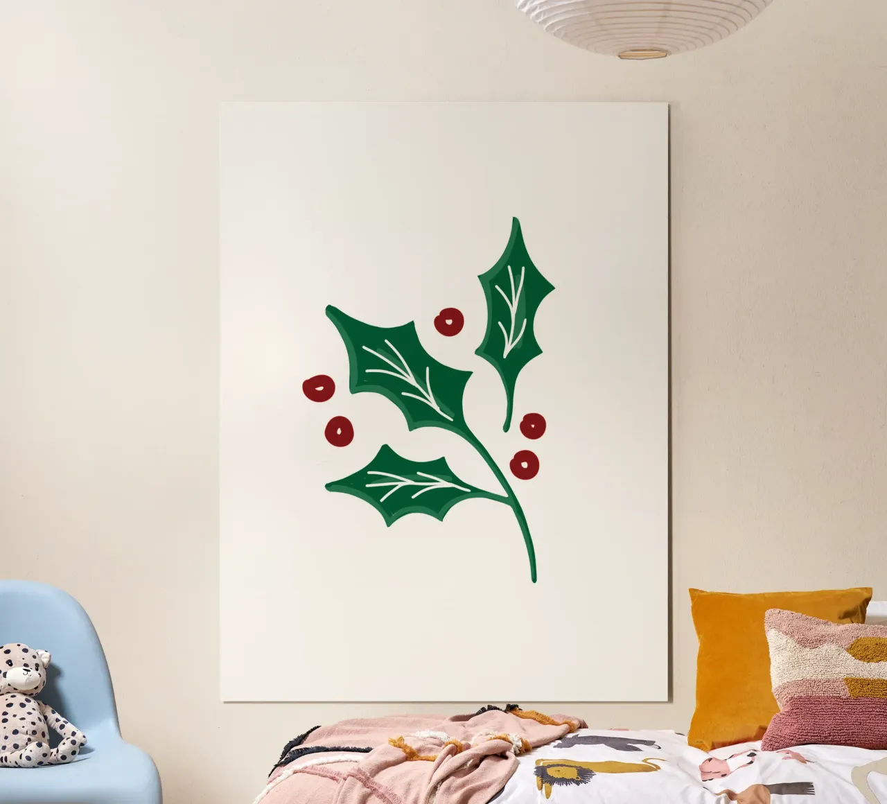 Holly Christmas Branch poster con telaio in legno da anisillustration