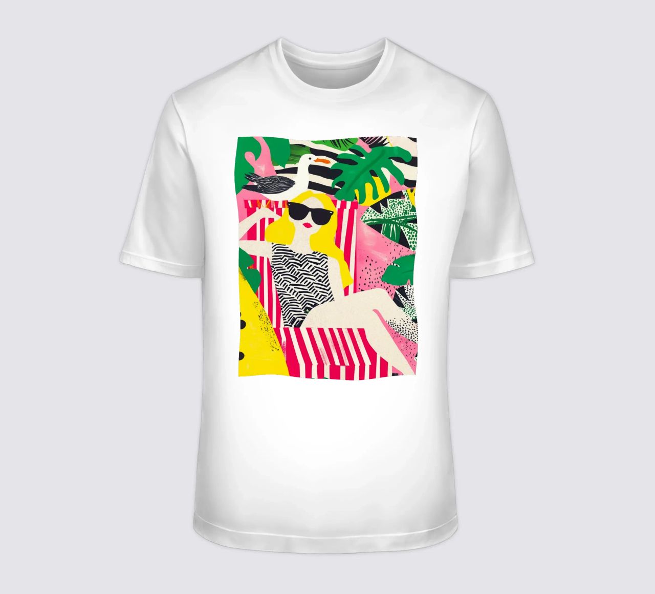 Bionda in vacanza su un balcone in una sedia a sdraio con un gabbiano t-shirt da Autofocus