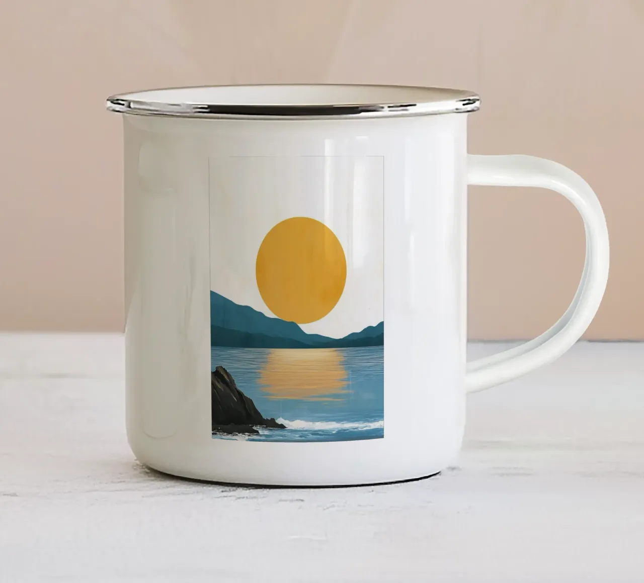 Tramonto sulla costa rocciosa tazza in smalto da Affiches Soleil & Déco Lumineuse – Sunny
