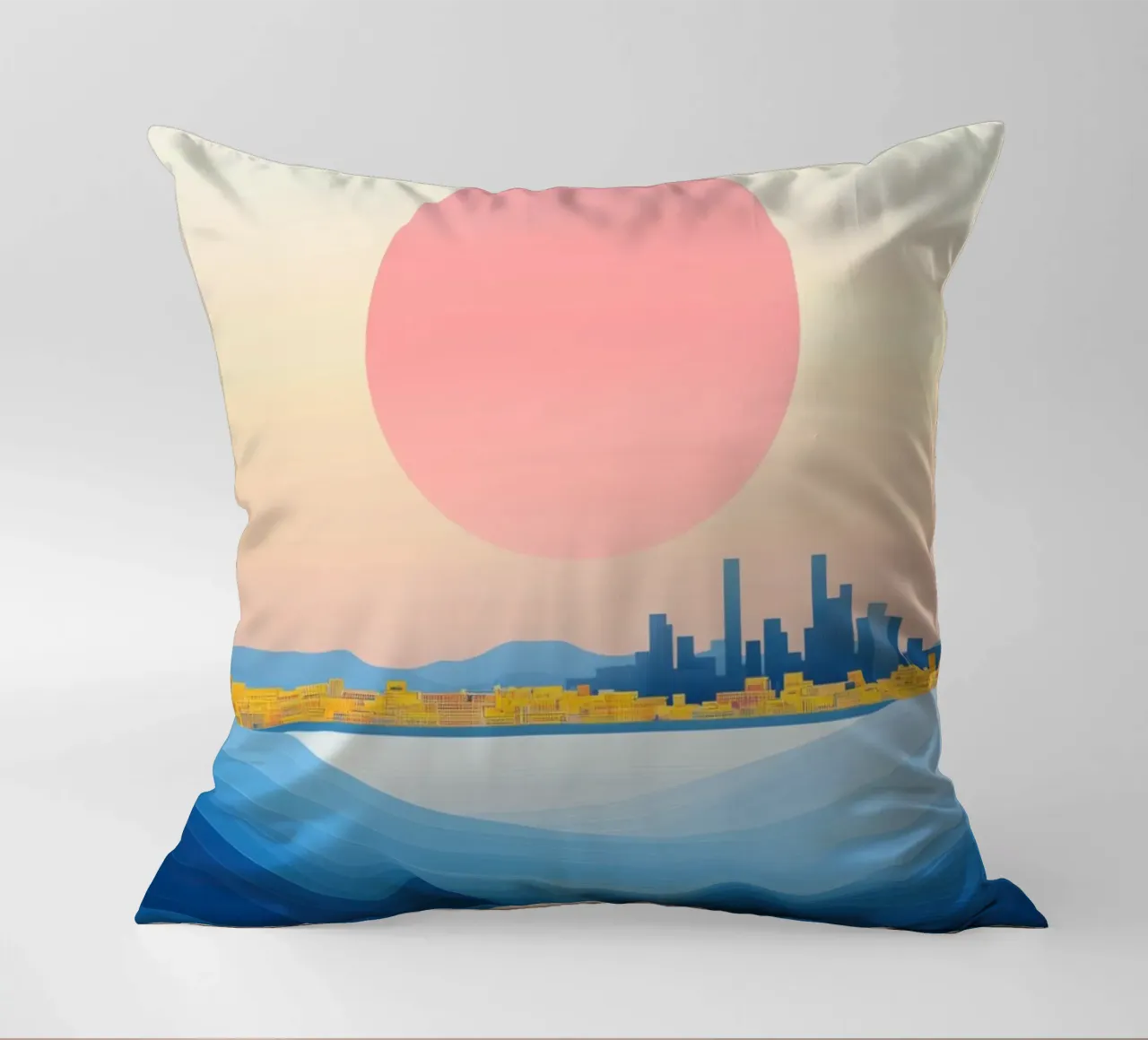 Pink Sun Coastal City decorative cushion by Affiches Soleil & Déco Lumineuse – Sunny