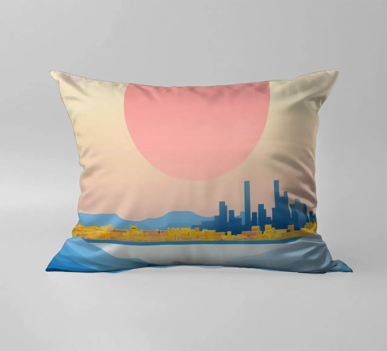 Pink Sun Coastal City decorative cushion by Affiches Soleil & Déco Lumineuse – Sunny