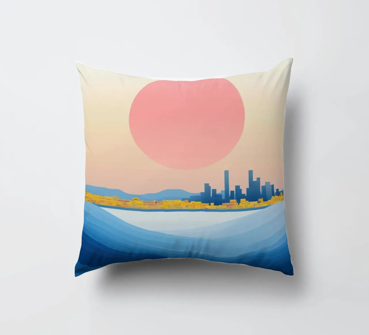 Pink Sun Coastal City decorative cushion by Affiches Soleil & Déco Lumineuse – Sunny