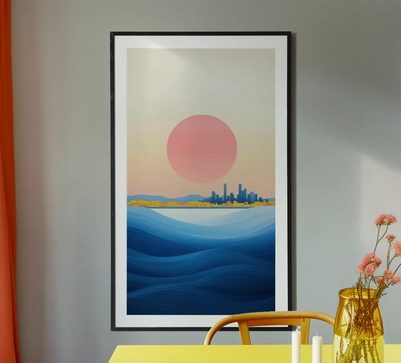 Pink Sun Coastal City poster with plastic frame by Affiches Soleil & Déco Lumineuse – Sunny