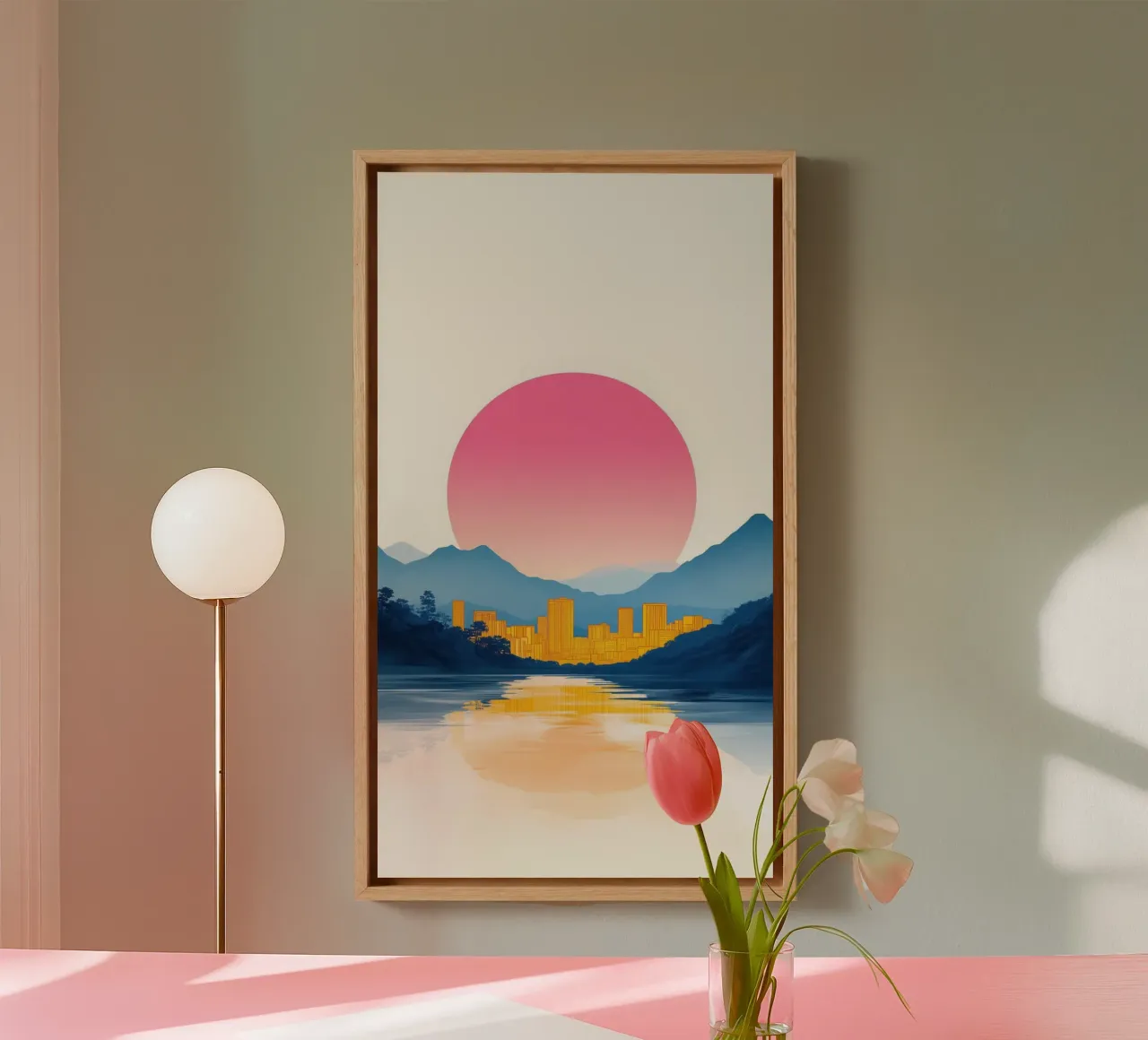 Riflessi d'oro sulla città tela con Cornice a cassetta da Affiches Soleil & Déco Lumineuse – Sunny