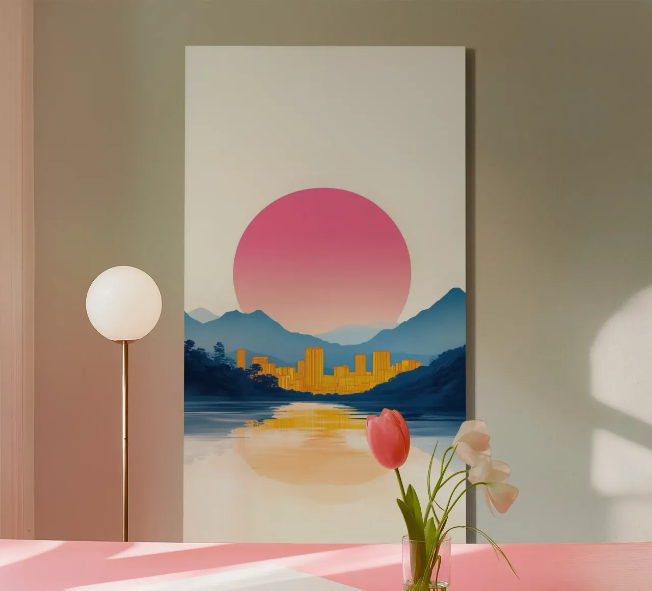 Riflessi d'oro sulla città tela con Cornice a cassetta da Affiches Soleil & Déco Lumineuse – Sunny