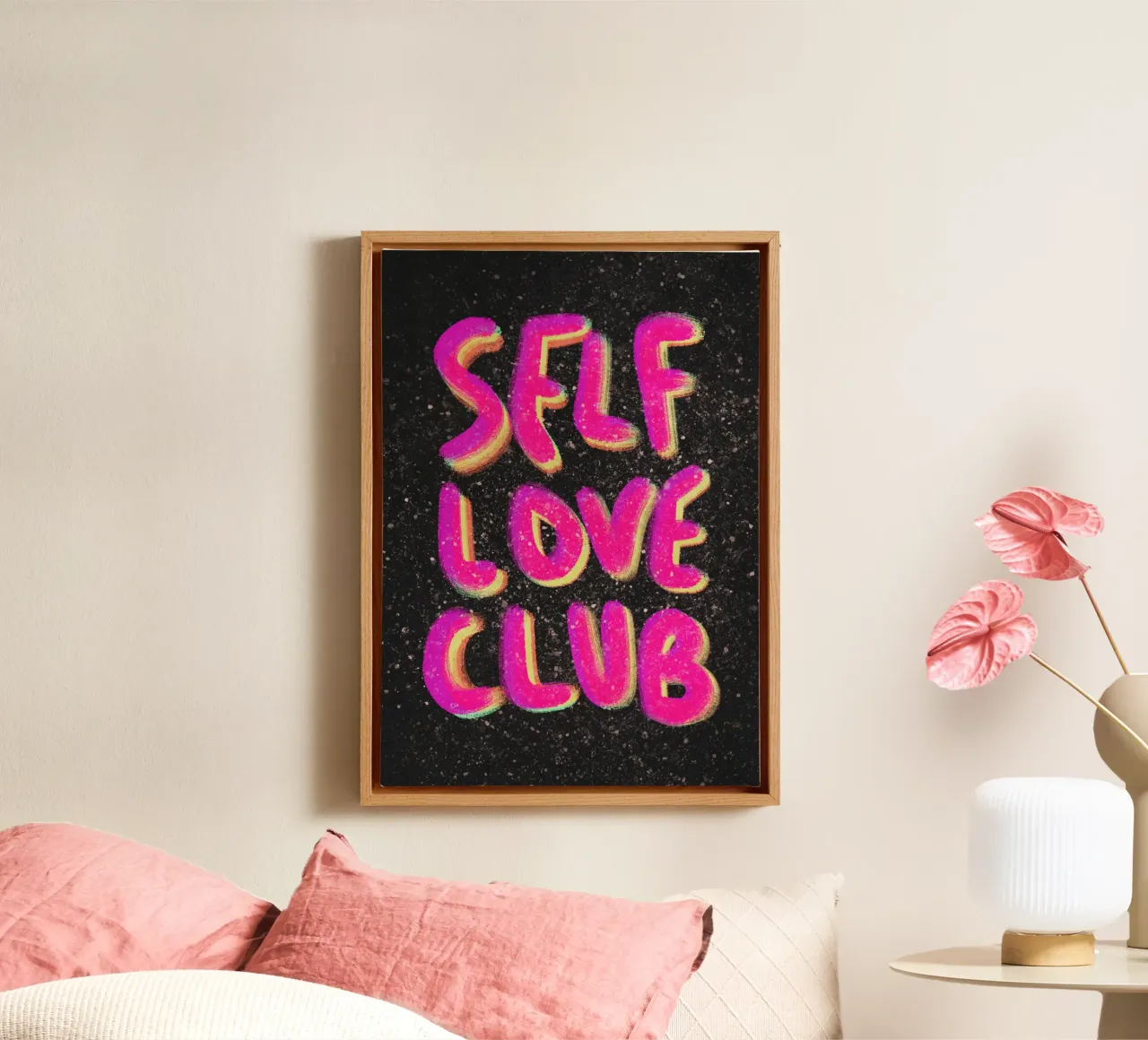 Self-love Club - handlettering pink on black tela con Cornice a cassetta da Illustration Raissa Oltmanns