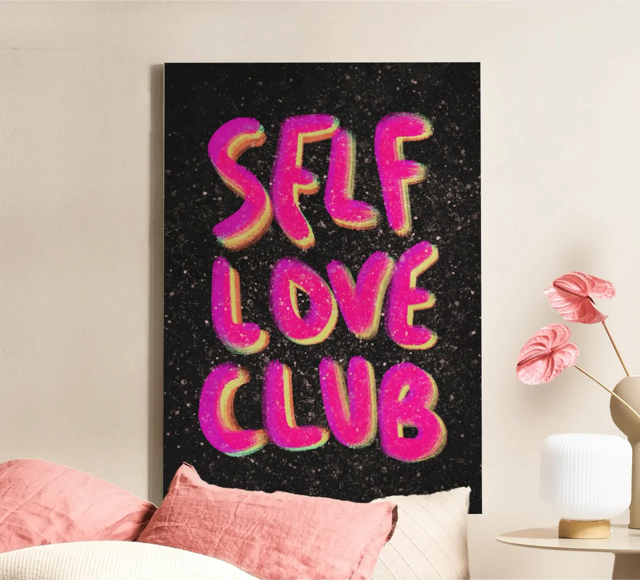 Self-love Club - handlettering pink on black tela con Cornice a cassetta da Illustration Raissa Oltmanns