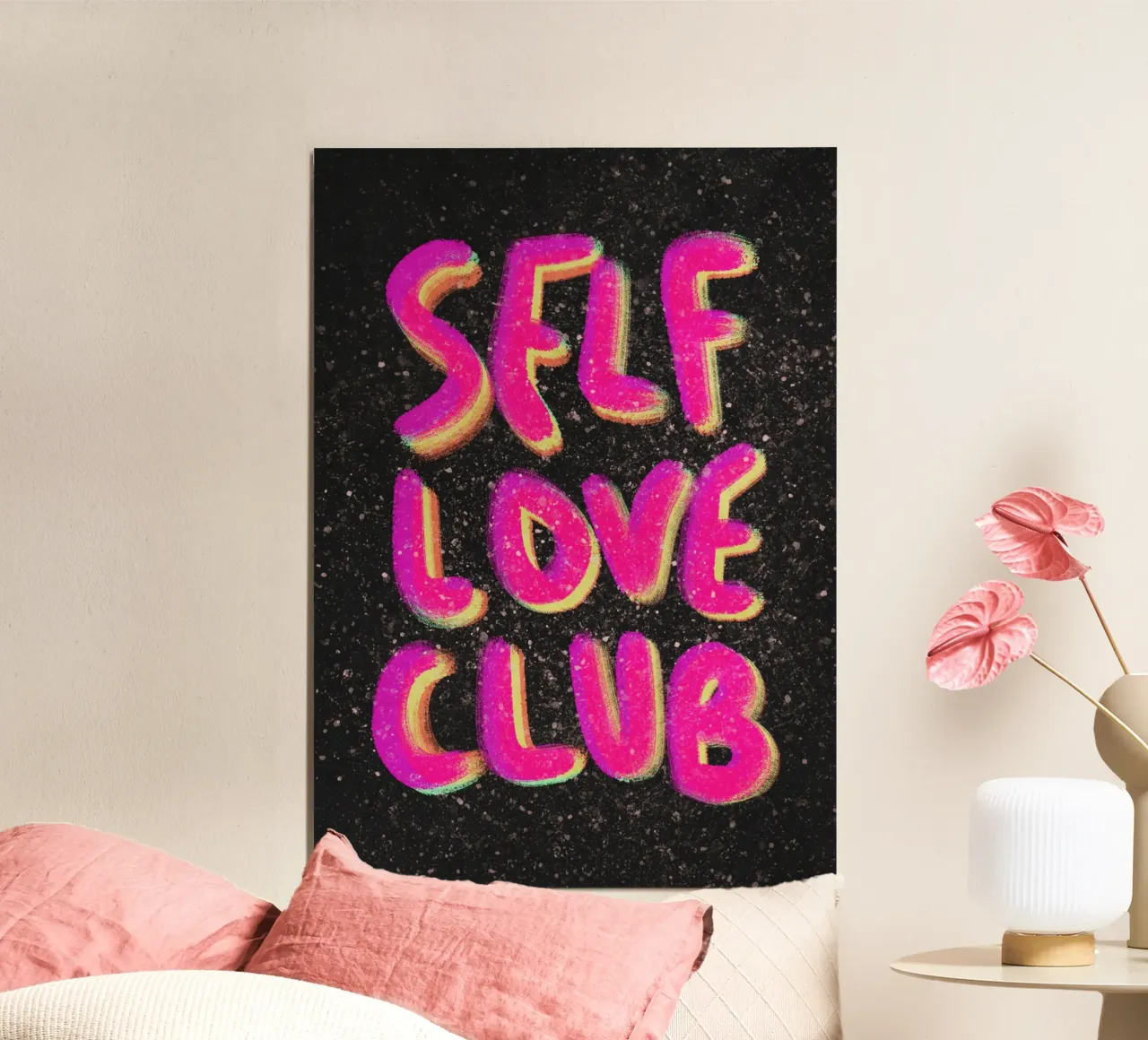 Self-love Club - handlettering pink on black poster con telaio in legno da Illustration Raissa Oltmanns