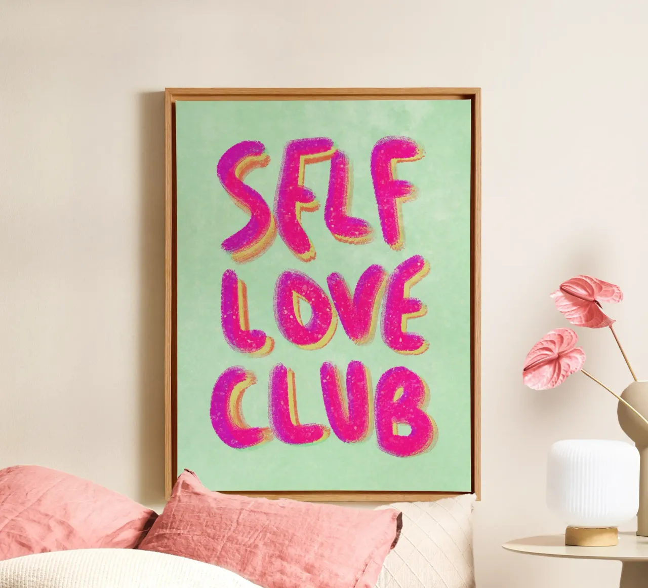 Self-Love Club - Handlettering pink on green tela con Cornice a cassetta da Illustration Raissa Oltmanns