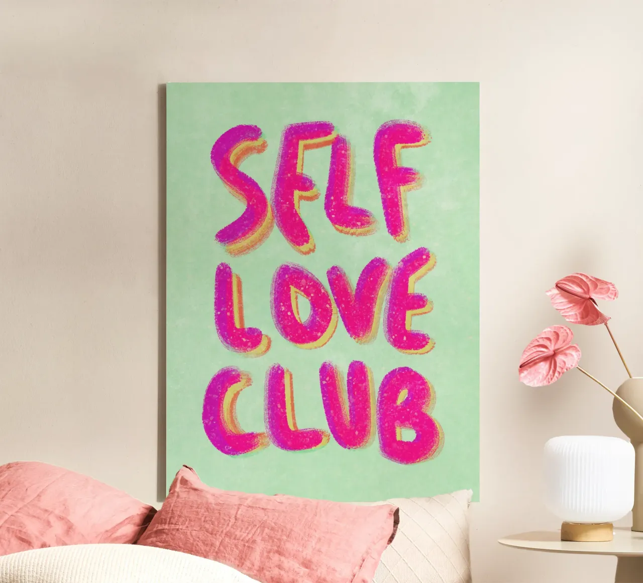 Self-Love Club - Handlettering pink on green tela con Cornice a cassetta da Illustration Raissa Oltmanns