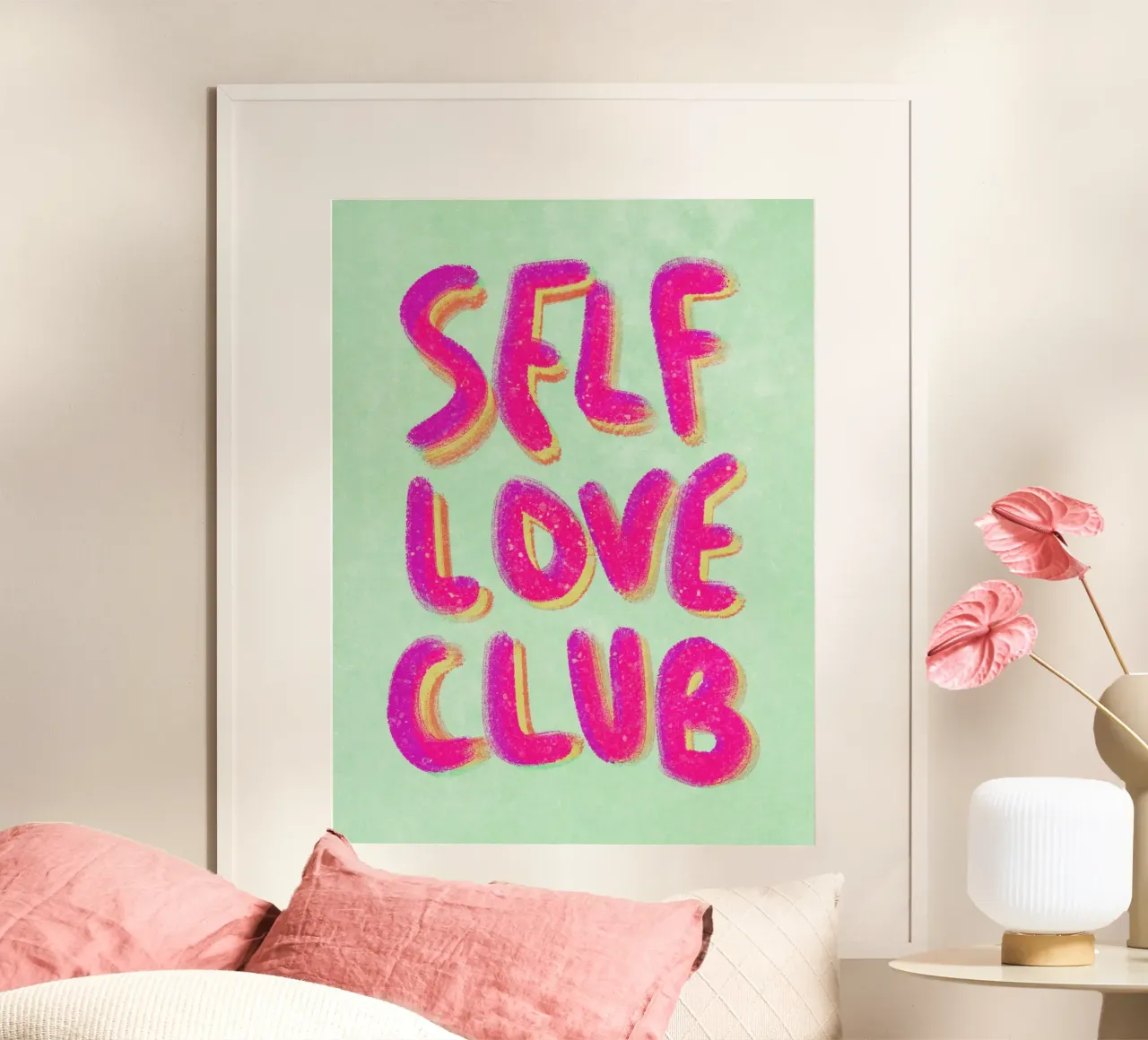 Self-Love Club - Handlettering pink on green poster con telaio in plastica da Illustration Raissa Oltmanns