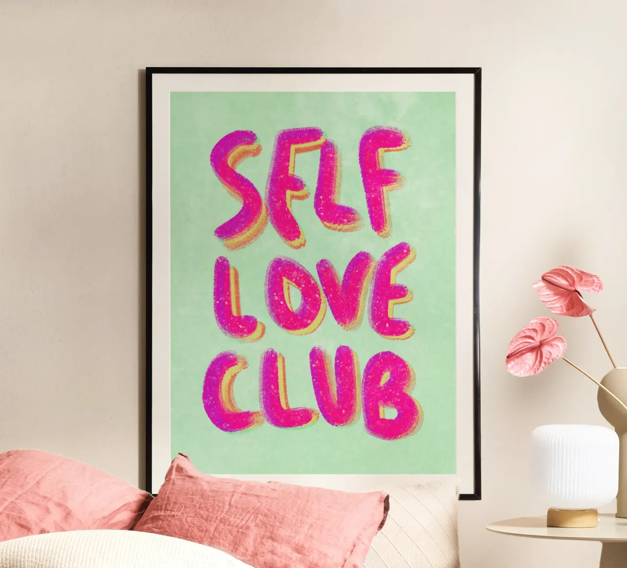Self-Love Club - Handlettering pink on green poster con telaio in plastica da Illustration Raissa Oltmanns