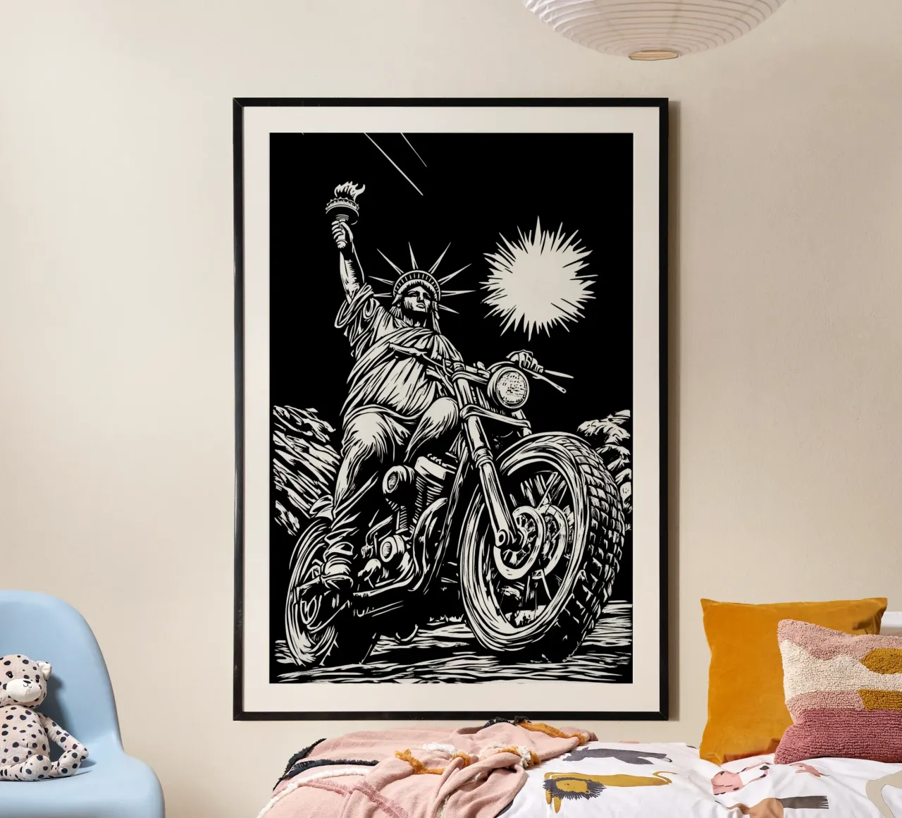 Freedom Of Biking | Statue Of Liberty as a Biker poster con telaio in plastica da Autofocus