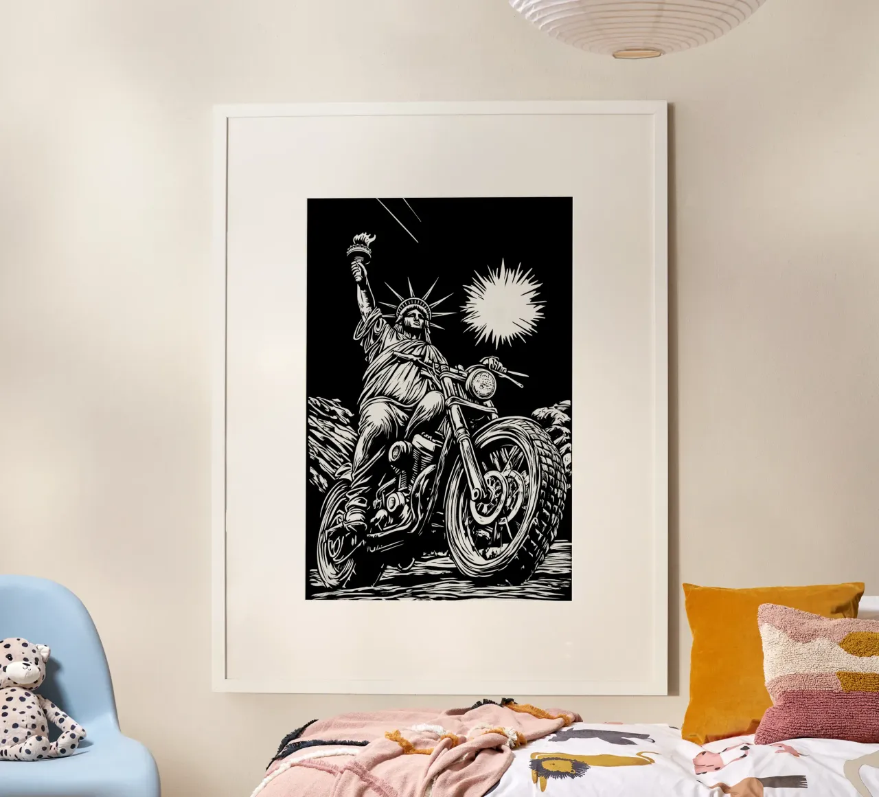 Freedom Of Biking | Statue Of Liberty as a Biker poster con telaio in plastica da Autofocus