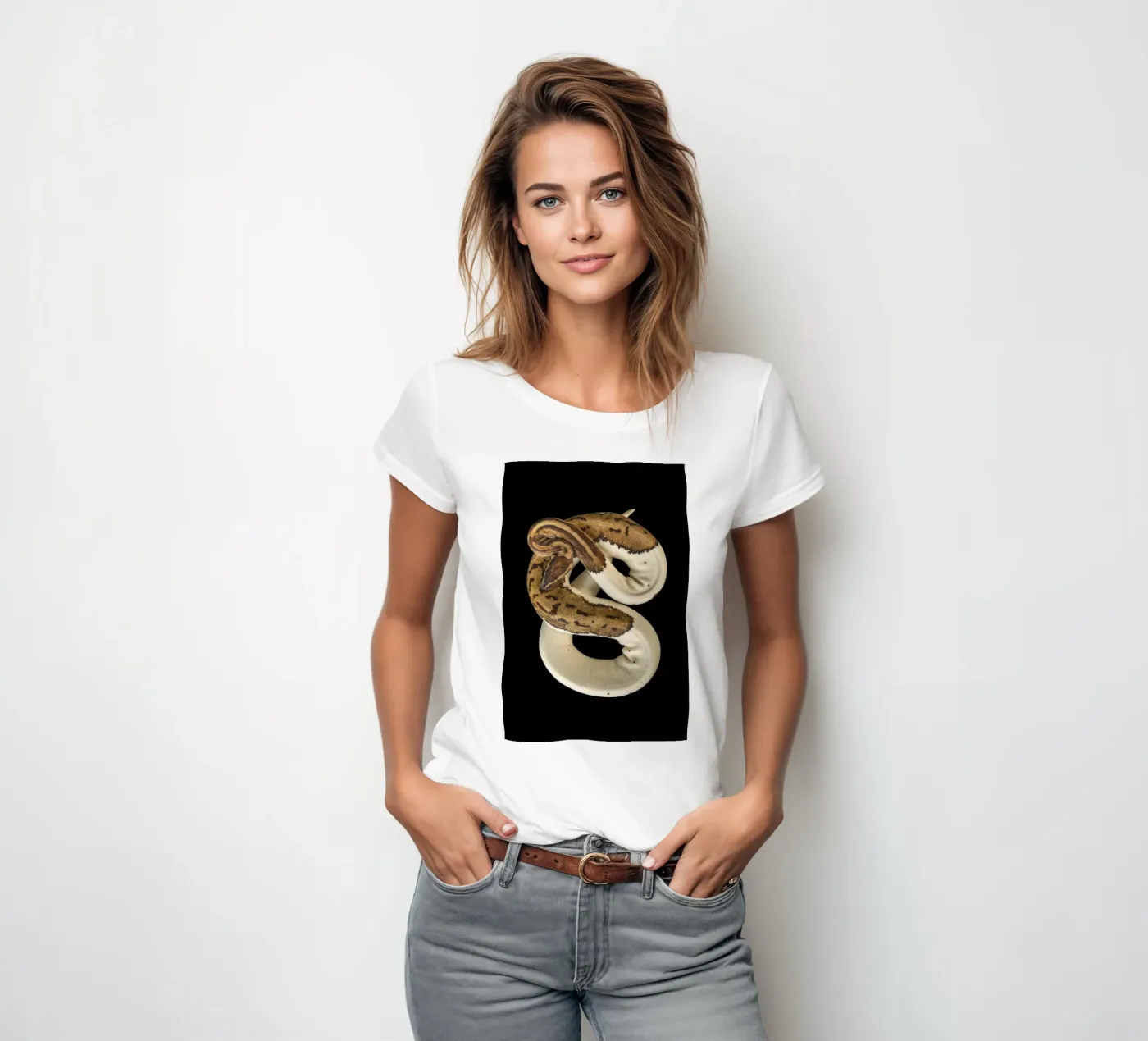 Bruine en witte python dames t-shirt getailleerd van Curious Collections by Marielle Leenders