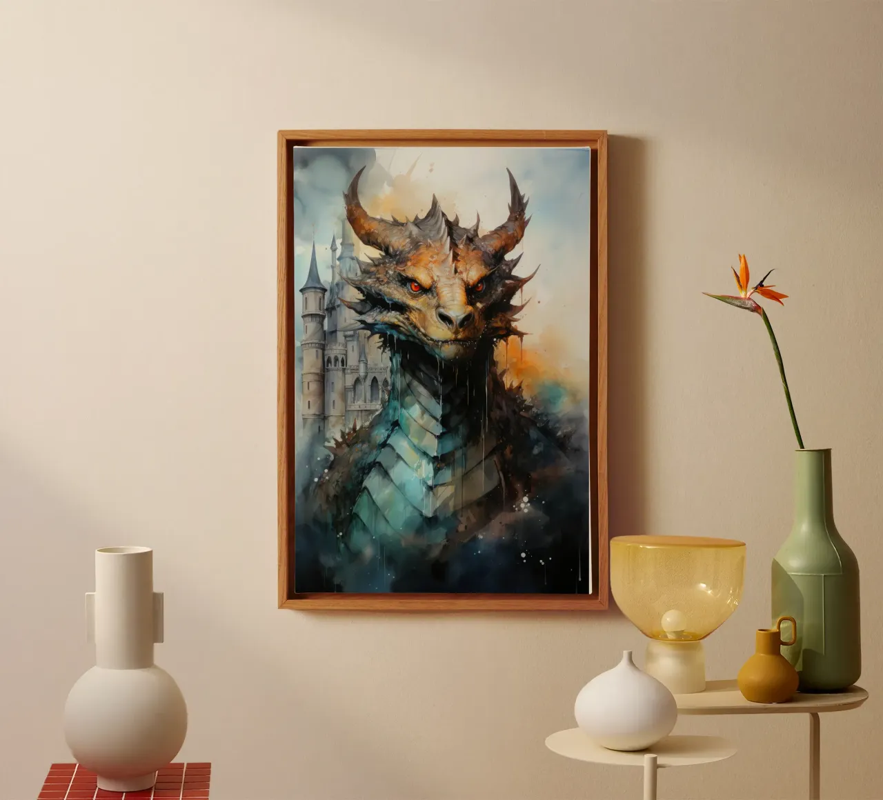 Drachen-Fantasy-Kunst Leinwand mit Schattenfugenrahmen von Justyna Jaszke JBJart