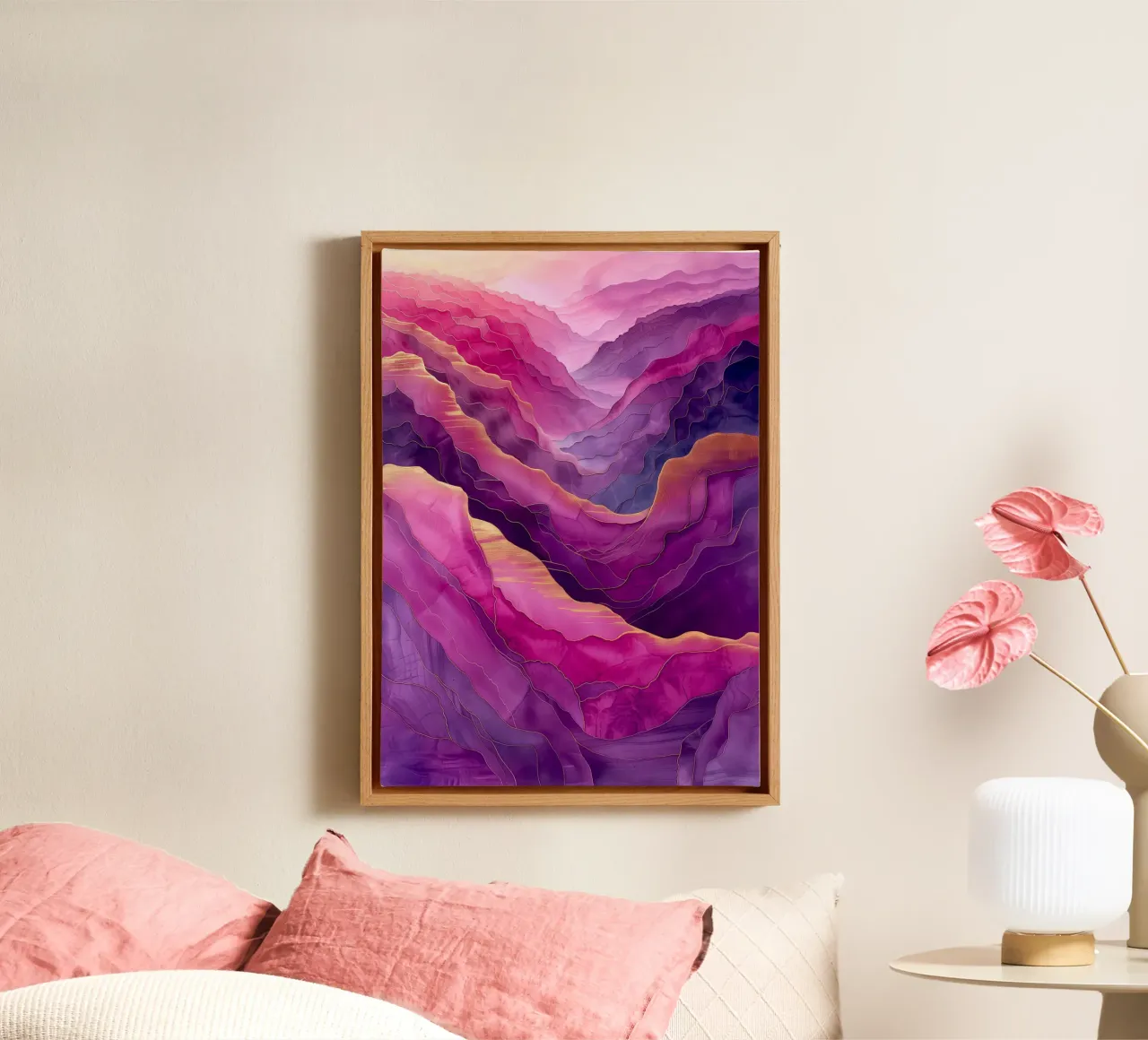 Paarse berg abstractie kunst canvas met Baklijst van Justyna Jaszke JBJart