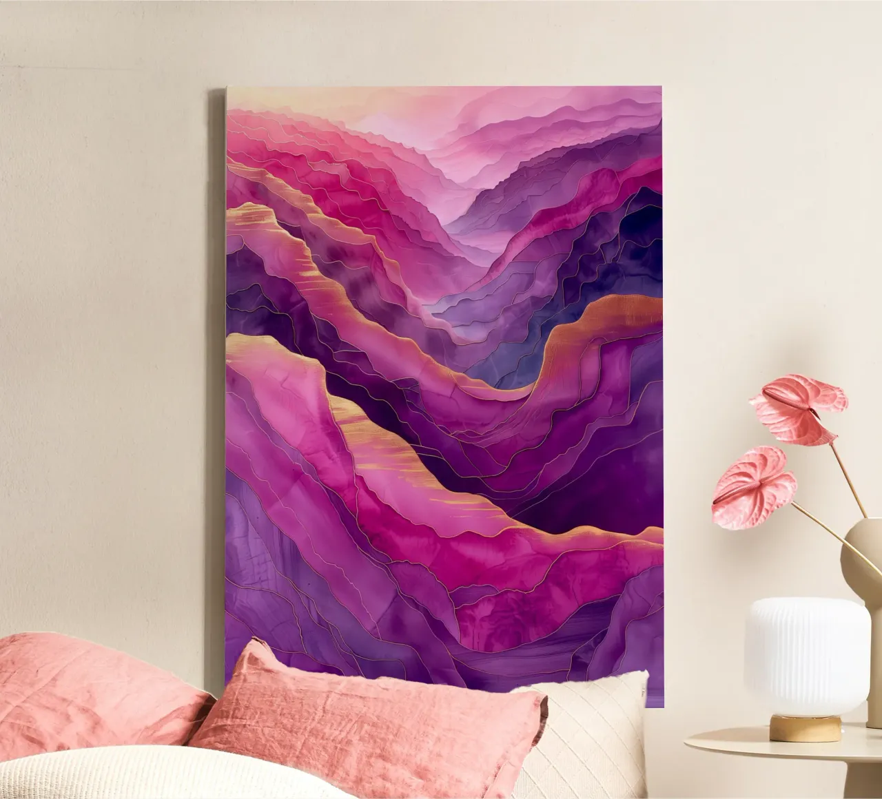 Paarse berg abstractie kunst canvas met Baklijst van Justyna Jaszke JBJart