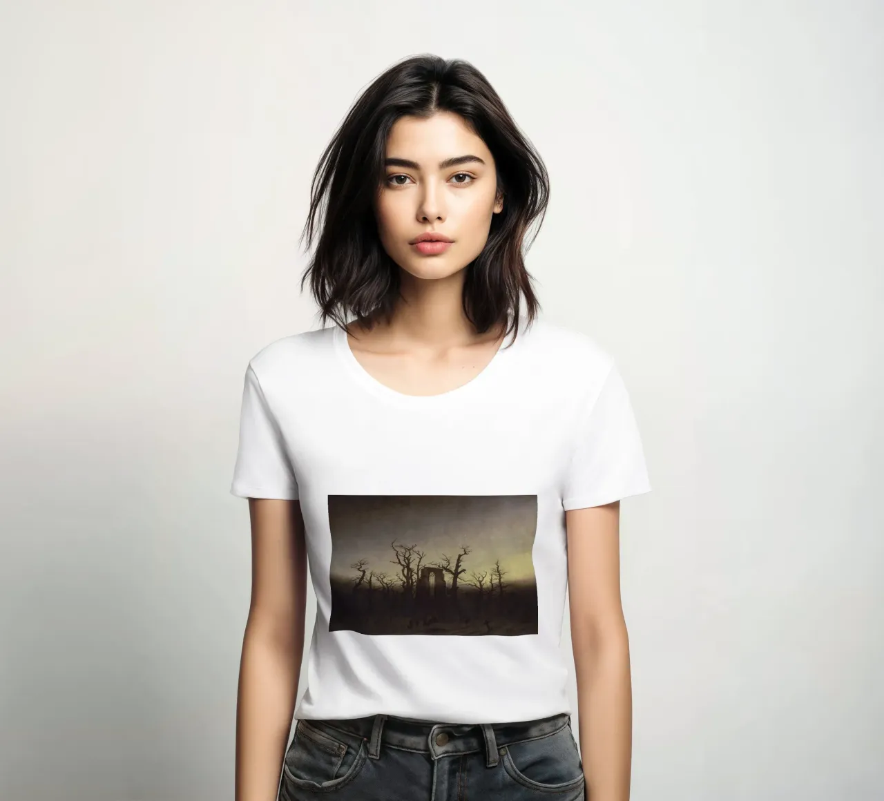 Caspar David Friedrich - The Abbey in the Oakwood (1810) women's fitted t-shirt by Timeless Artworks