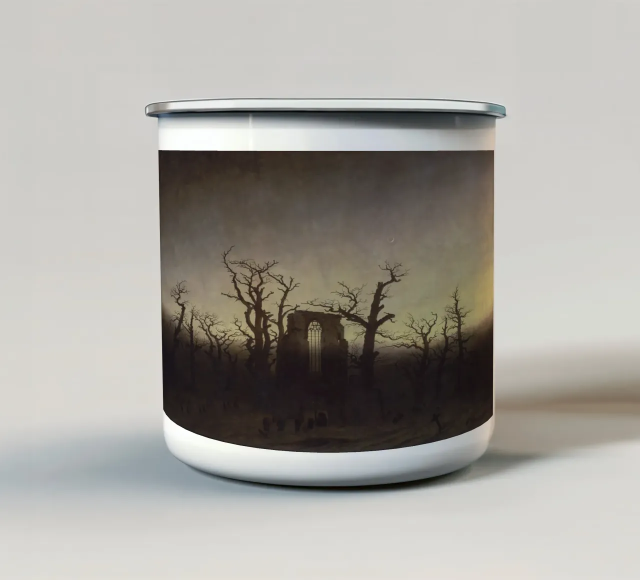 Caspar David Friedrich - L'abbazia nel bosco di querce (1810) tazza in smalto da Timeless Artworks