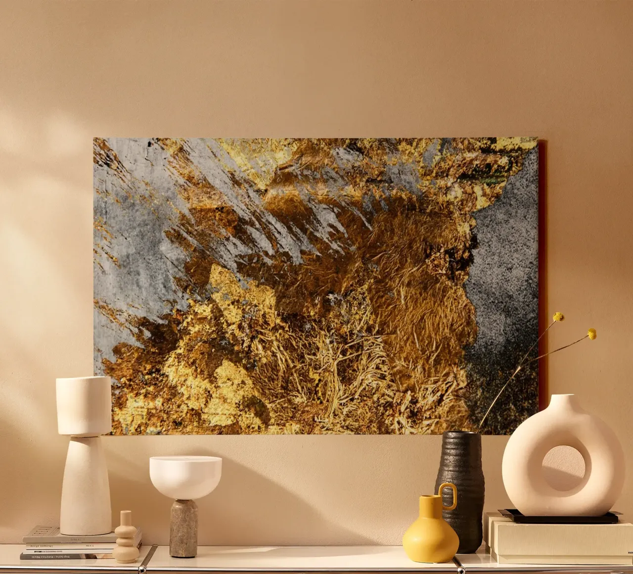 Black and Gold Abstract tela con Cornice a cassetta da Artsy Bessy