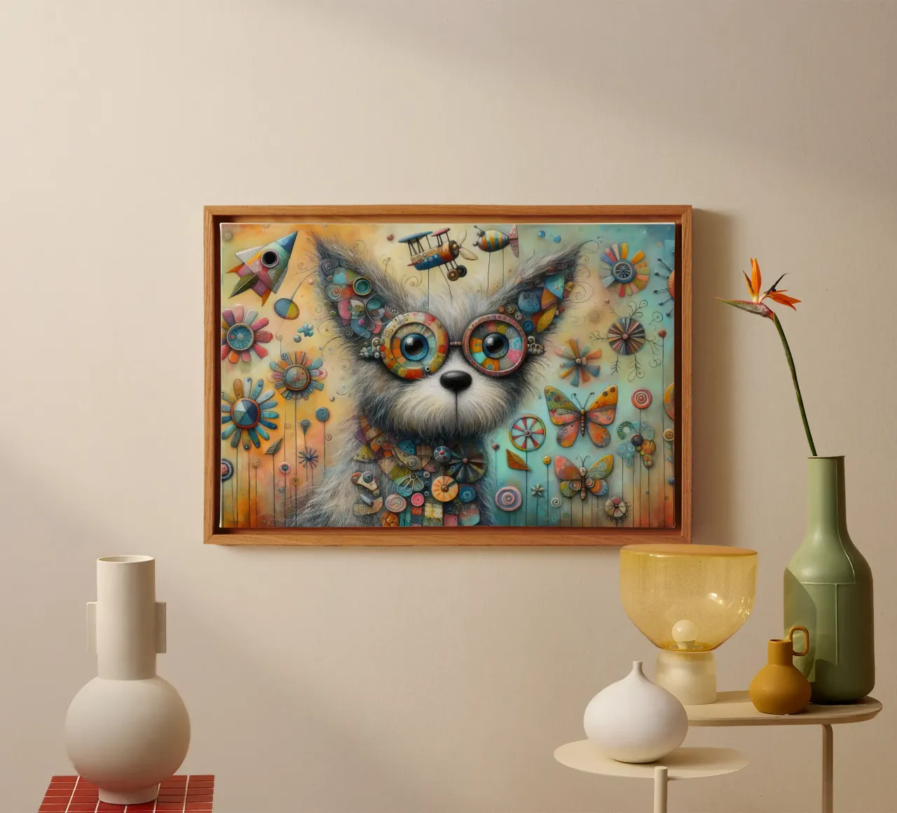 Gemälde eines skurrilen Hundes in Mischtechnik Leinwand mit Schattenfugenrahmen von 🎁 ARTVI-SHOP