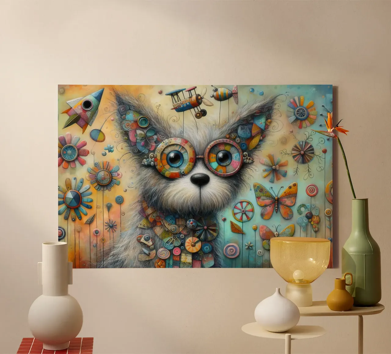 Gemälde eines skurrilen Hundes in Mischtechnik Leinwand mit Schattenfugenrahmen von 🎁 ARTVI-SHOP