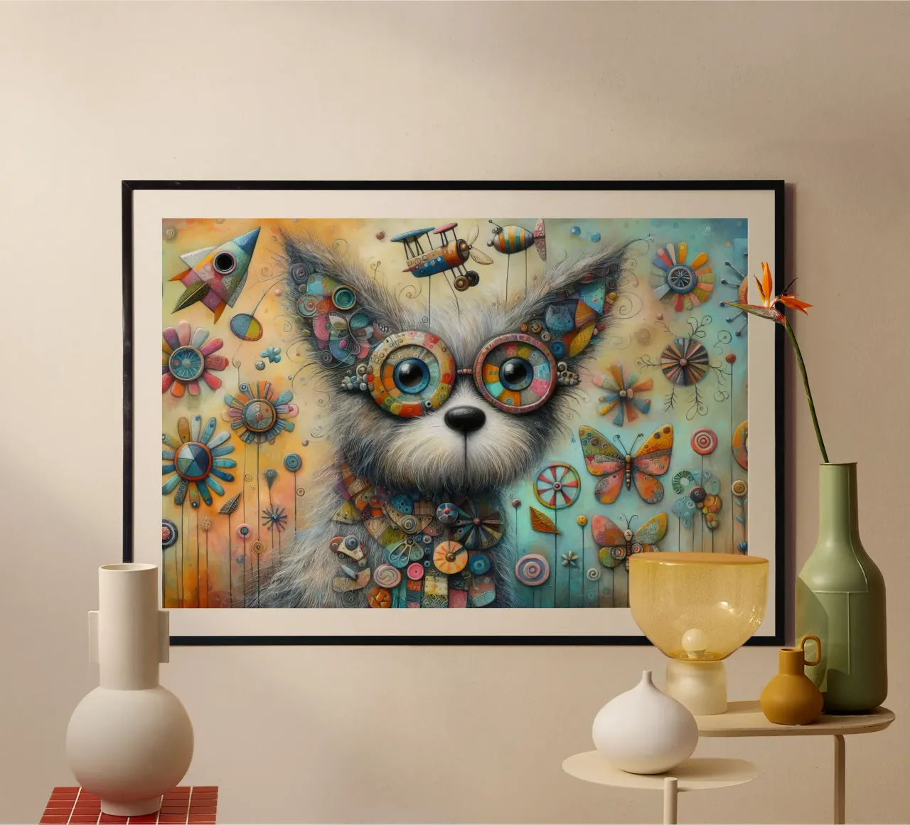 Pittura a tecnica mista di un cane stravagante poster con telaio in legno da 🎁 ARTVI-SHOP