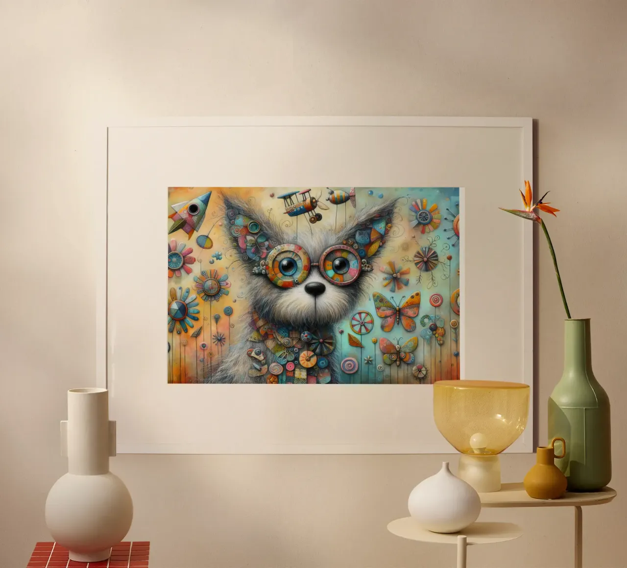 Pittura a tecnica mista di un cane stravagante poster con telaio in legno da 🎁 ARTVI-SHOP