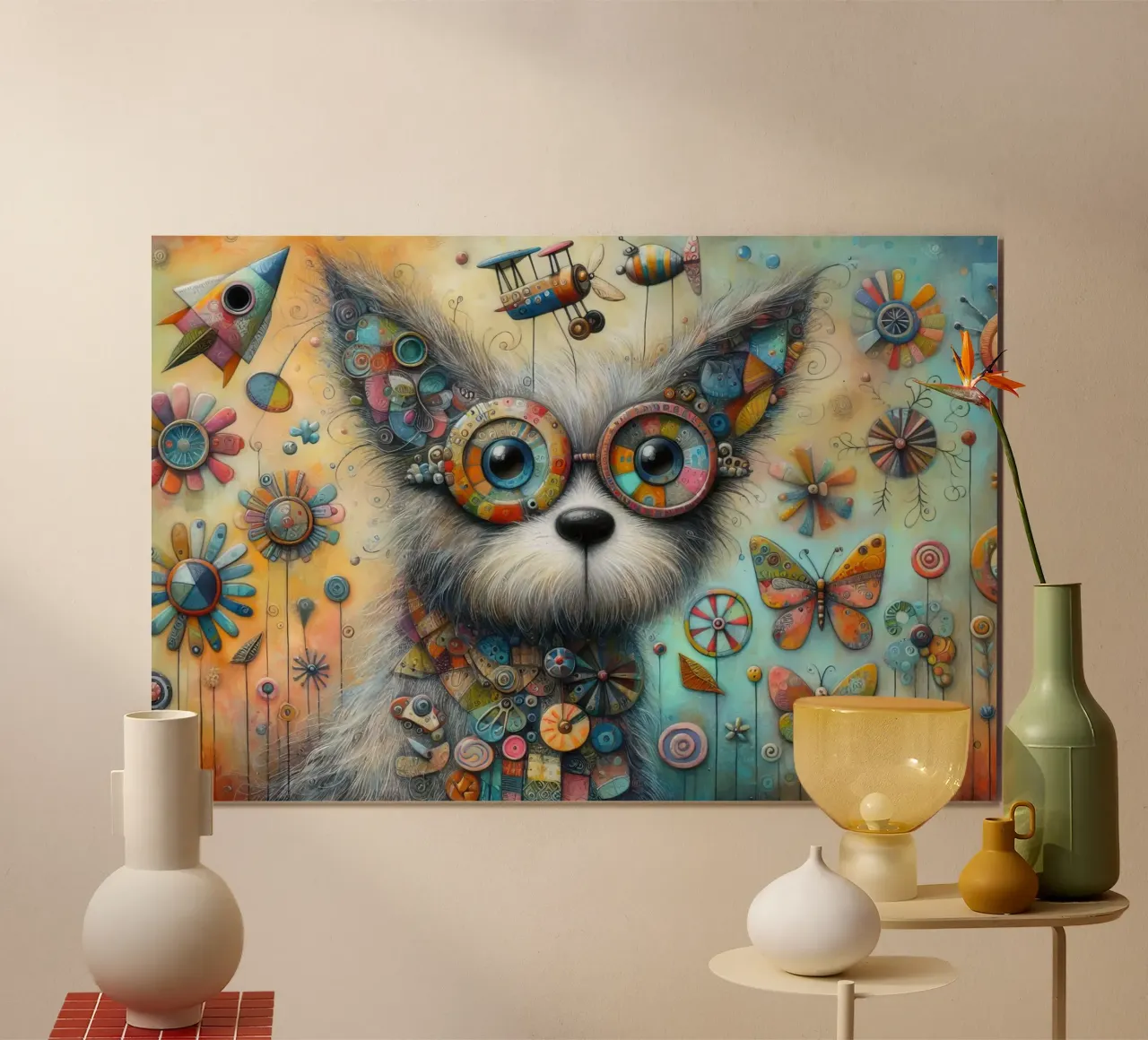 Pittura a tecnica mista di un cane stravagante poster con telaio in legno da 🎁 ARTVI-SHOP