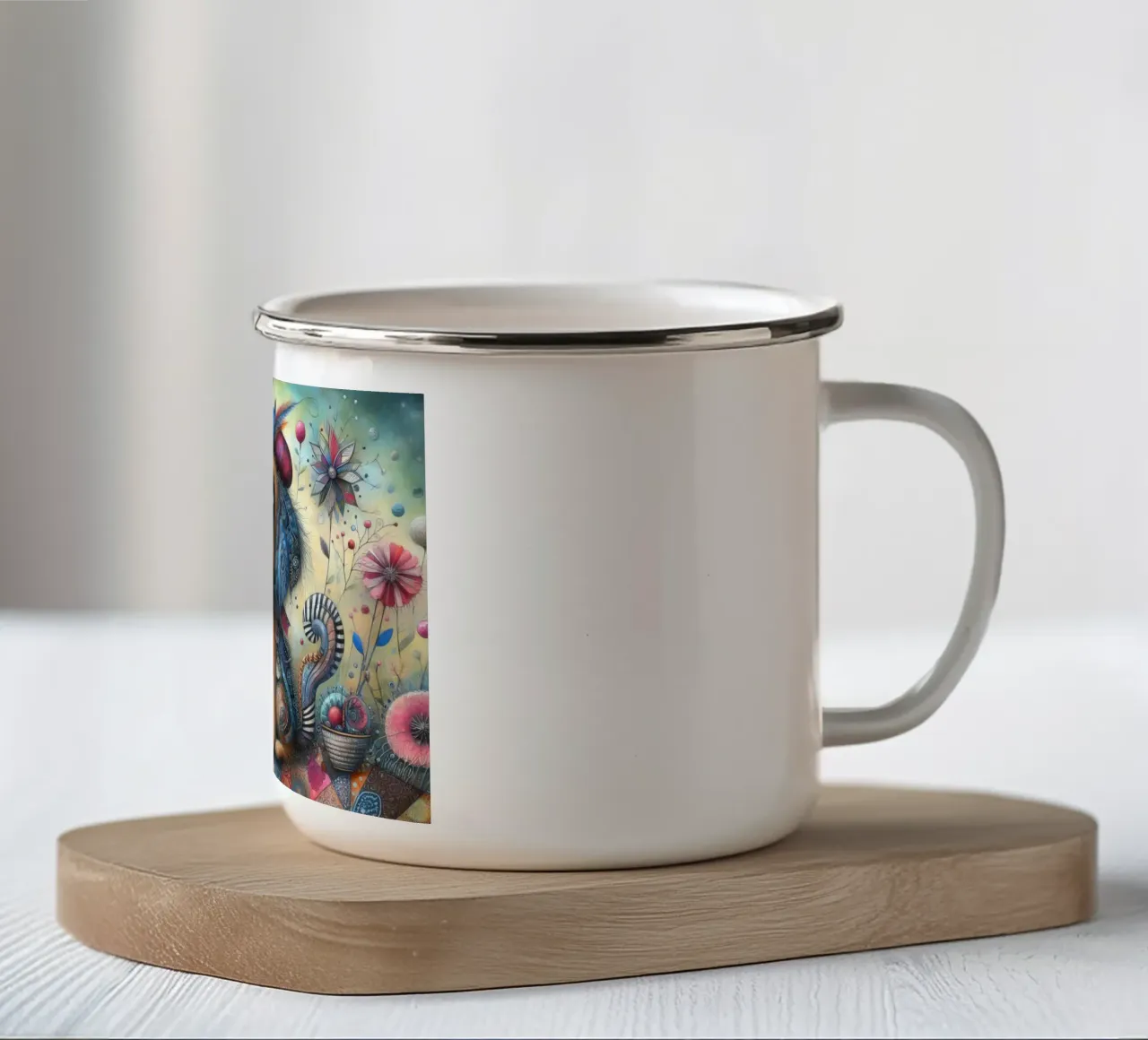 Gemengde techniek schilderij van een grillige hond emaille mok van 🎁 ARTVI-SHOP