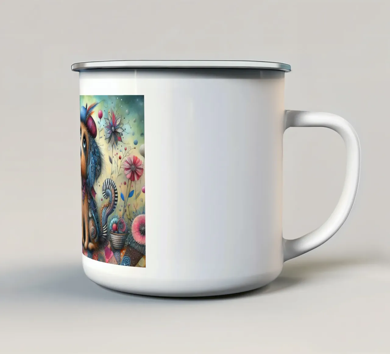 Gemengde techniek schilderij van een grillige hond emaille mok van 🎁 ARTVI-SHOP