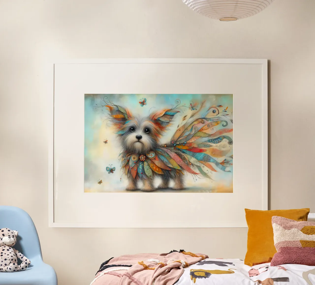 Peinture mixte d'un chien fantaisiste poster avec cadre en bois de 🎁 ARTVI-SHOP