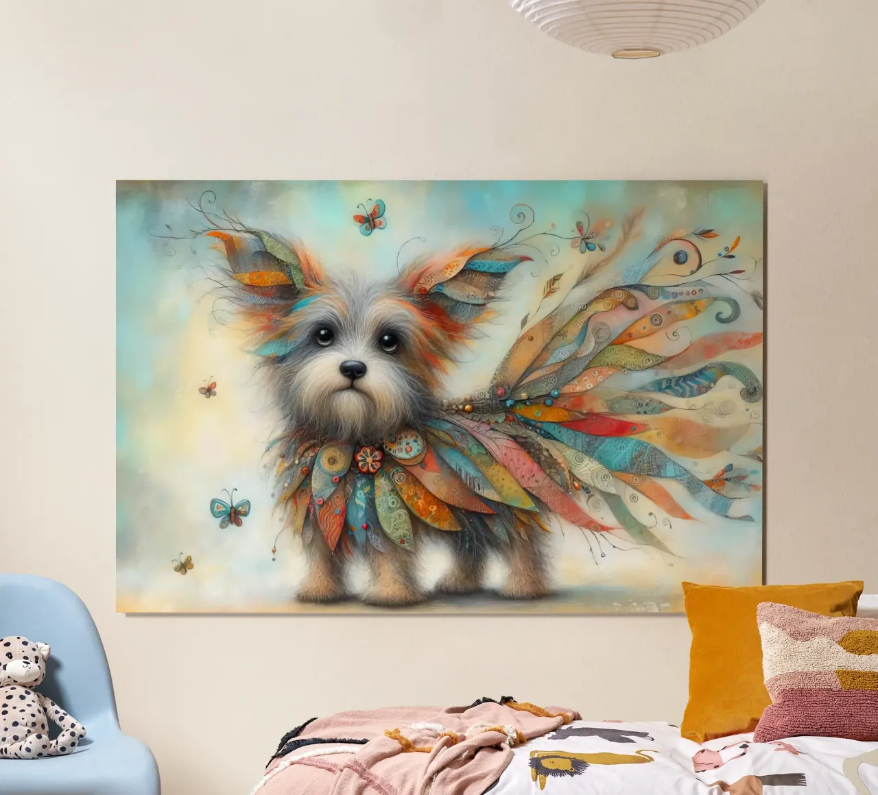 Peinture mixte d'un chien fantaisiste poster avec cadre en bois de 🎁 ARTVI-SHOP