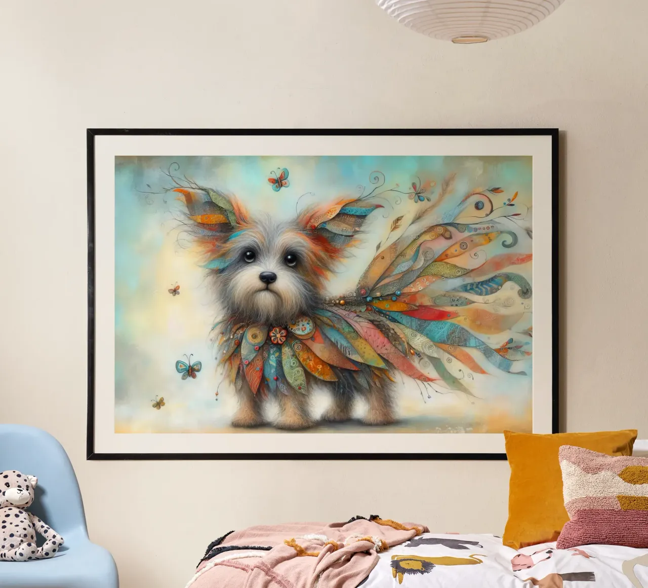 Peinture mixte d'un chien fantaisiste poster avec cadre en bois de 🎁 ARTVI-SHOP
