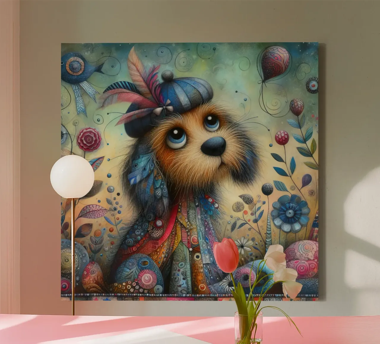 Gemälde eines skurrilen Hundes in Mischtechnik Leinwand mit Schattenfugenrahmen von 🎁 ARTVI-SHOP
