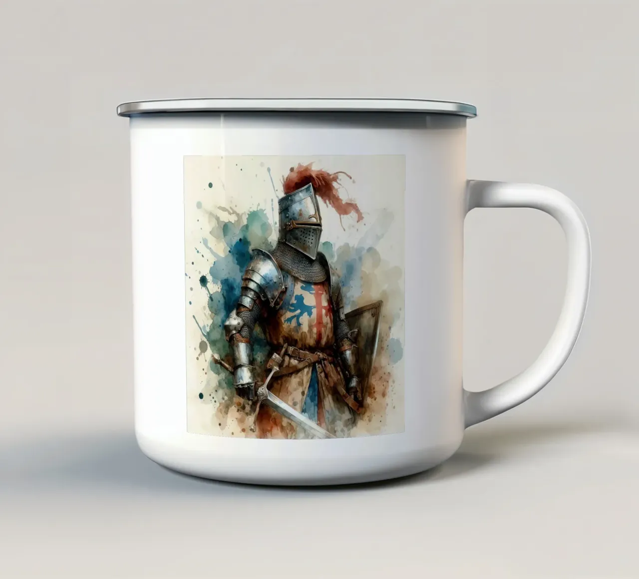 Disegno ad acquerello di un cavaliere medievale tazza in smalto da 🎁 ARTVI-SHOP