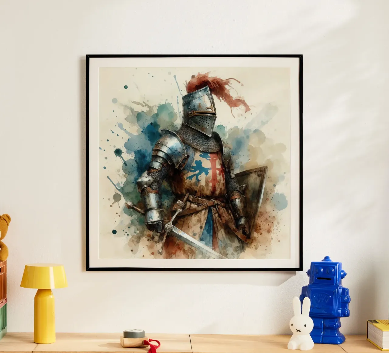 Dibujo en acuarela de un caballero medieval poster de 🎁 ARTVI-SHOP