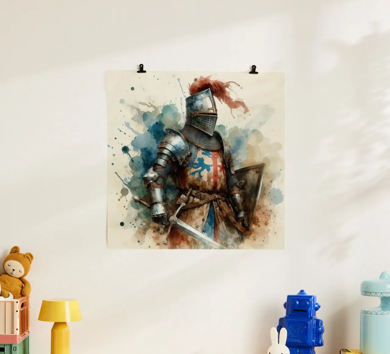 Dibujo en acuarela de un caballero medieval poster de 🎁 ARTVI-SHOP