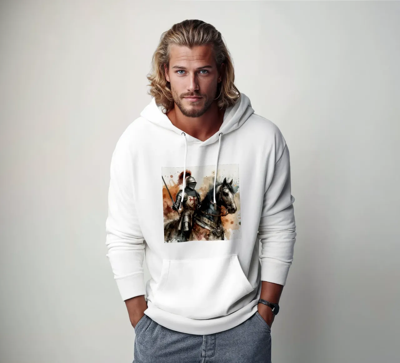 Dibujo en acuarela de un caballero medieval sudadera con capucha de 🎁 ARTVI-SHOP
