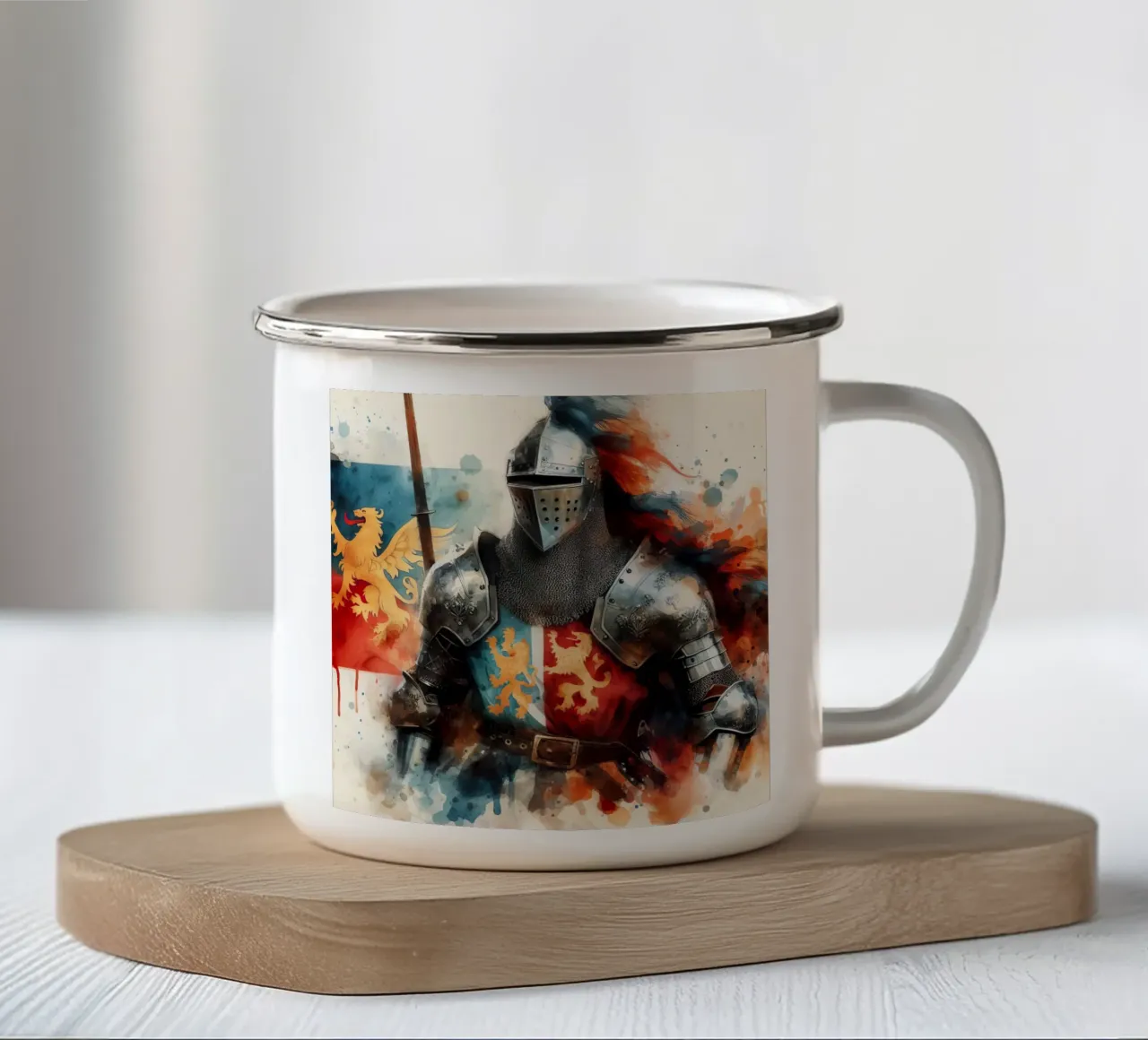 Watercolor drawing of a medieval knight enamel mug by 🎁 ARTVI-SHOP
