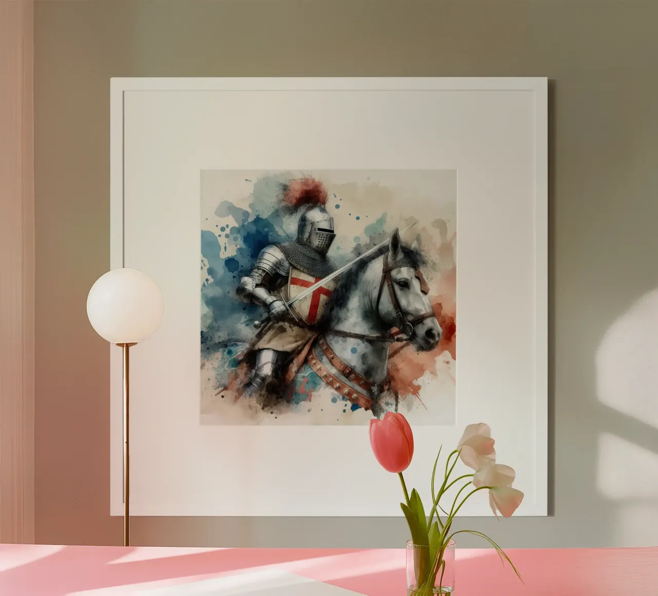 Dibujo en acuarela de un caballero medieval poster con marco de aluminio de 🎁 ARTVI-SHOP