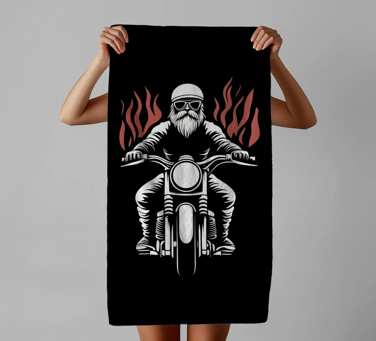 Vintage motorbike biker in flames in black and red towel by Autofocus