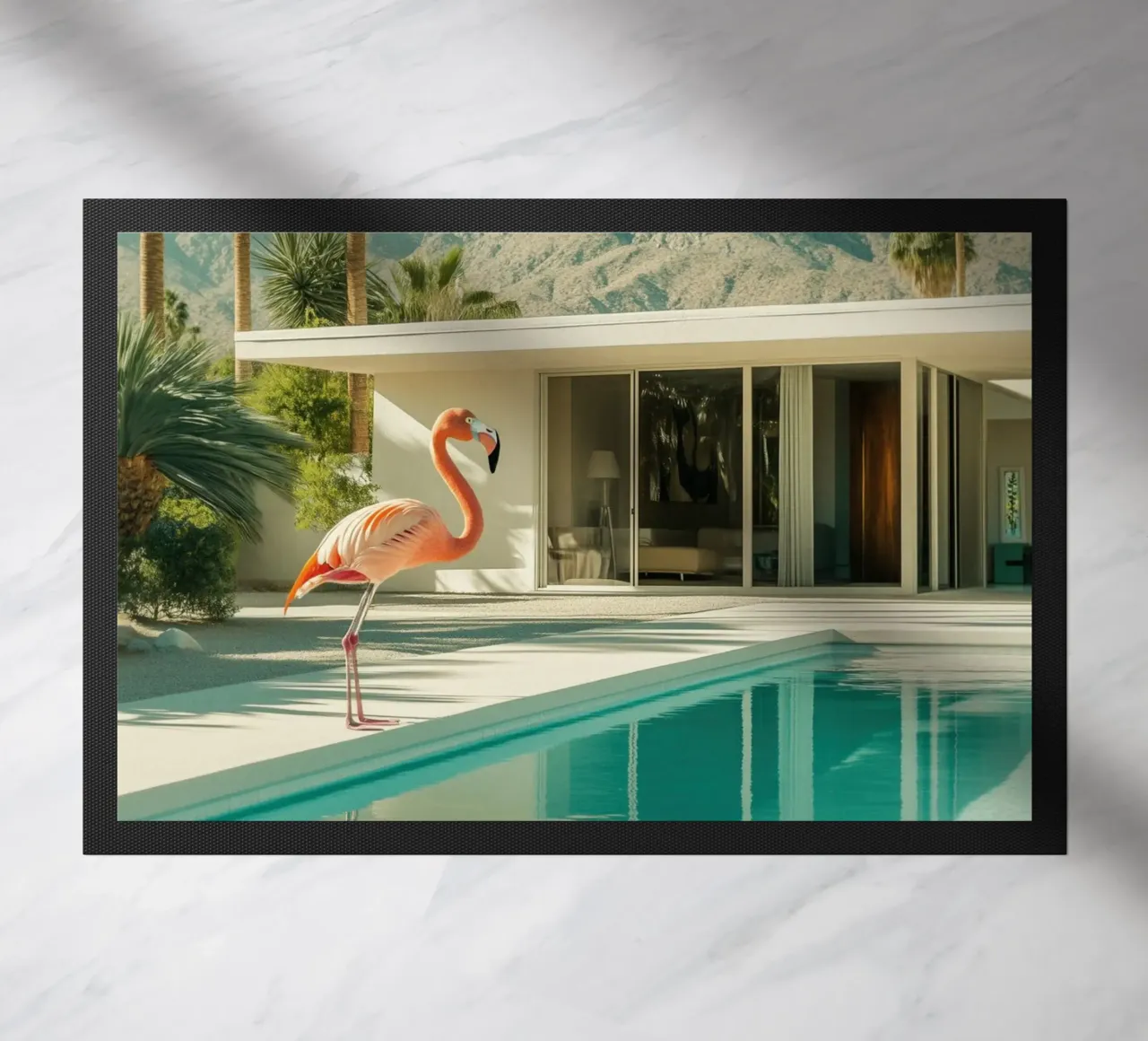 Flamingo by the pool Art doormat by Carinaprint