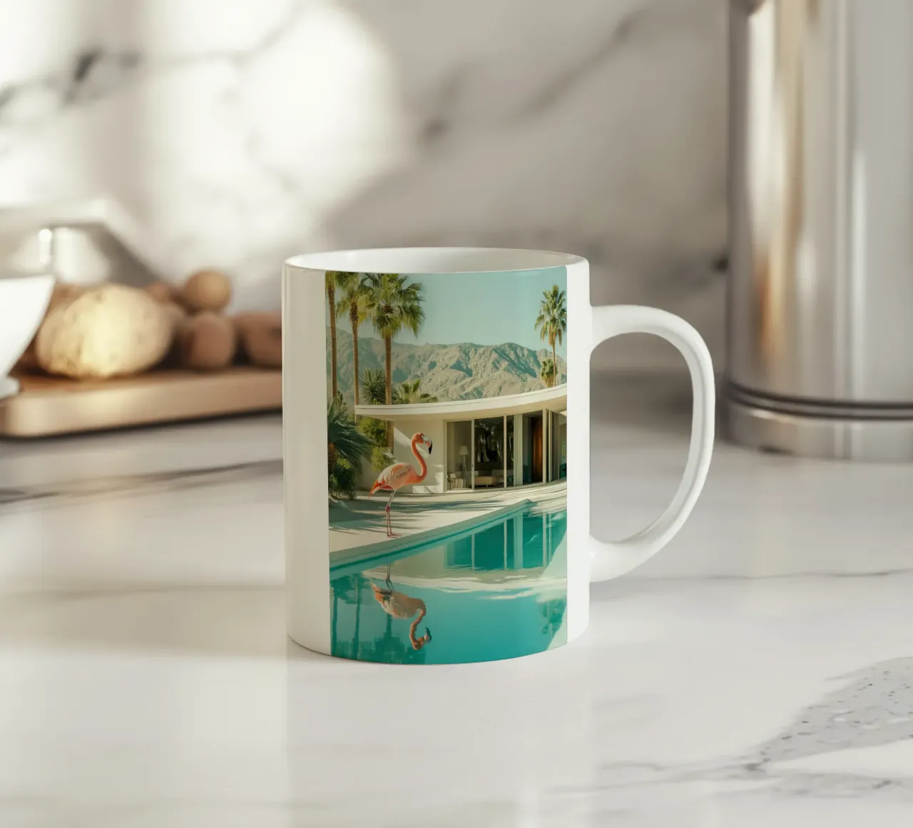 Flamingo by the pool Art ceramic mug by Carinaprint