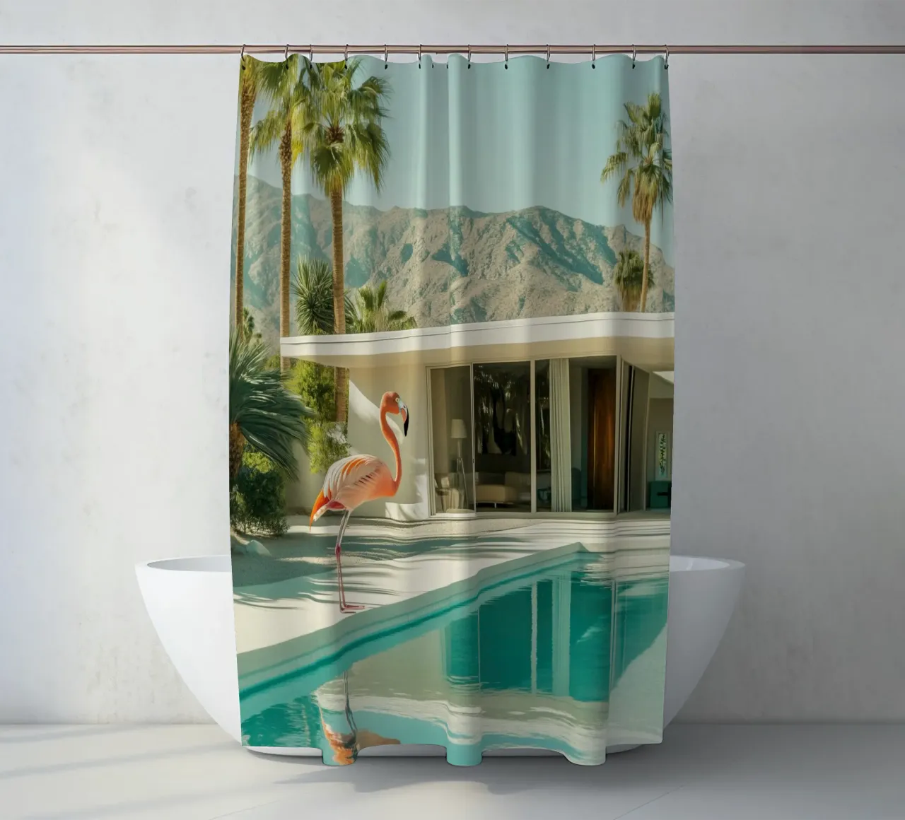 Flamingo by the pool Art shower curtain by Carinaprint