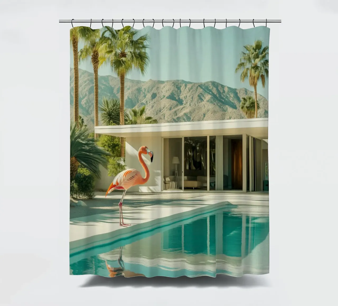 Flamingo by the pool Art shower curtain by Carinaprint